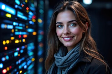 Obraz premium portrait of a smiling senior Serbian female IT worker looking at the camera, against dark server room background.