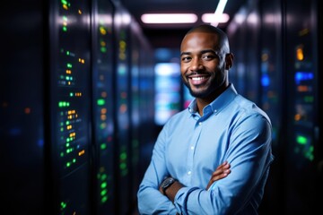  portrait of a smiling senior Seychellois male IT worker looking at the camera, against dark server room  background.