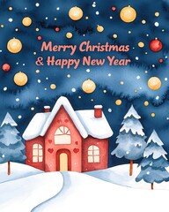 Fototapeta premium Merry Christmas and Happy New Year in whimsical watercolor concept. A festive winter scene featuring a cozy house and holiday decorations