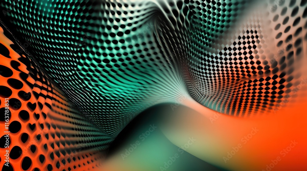 Poster abstract teal and orange flowing dotted pattern.