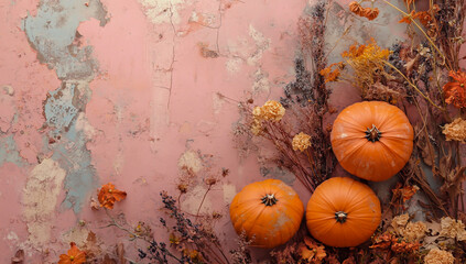 A soft pastel background with delicate flowers and pumpkins, creates an elegant fall atmosphere