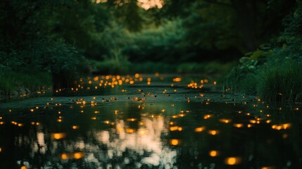Obraz premium Firefly lights illuminate calm creek at dusk.