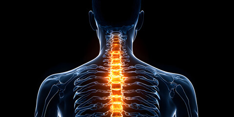 A glowing X-ray illustration of a spinal injury, focusing on a herniated disc. Perfect for medical education, spine health campaigns, or physiotherapy ads.