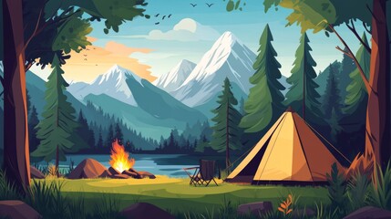 Summer camp with bonfire, tent, van, backpack, chair and guitar. Vector cartoon landscape with mountain, forest and campsite. Equipment for travel, hiking and activity vacation