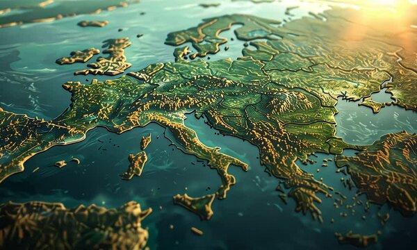 A detailed 3D topographical map of Europe showing elevation and water bodies