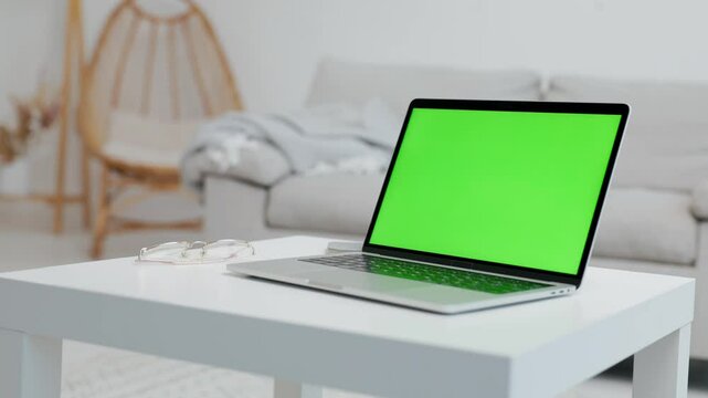 Laptop With Green Mock Up Screen On Table In Home Room Where Dog Walks