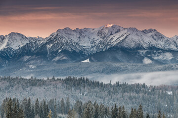 Winter landscape in Tatra Mountains at snowy day.