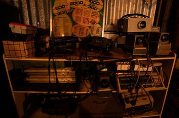 abandoned junkyard, forgotten items, dusty bottles, antiques, cluttered interiors, old clothing,...