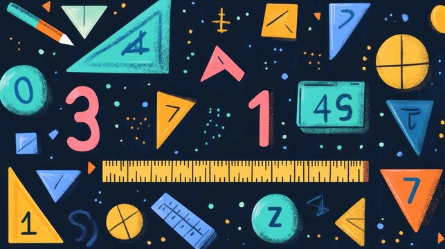 Colorful illustration of math symbols, numbers, and geometry tools.