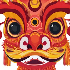 Vibrant Lion Dance Mask: Close-up of a traditional lion dance mask, rich in red and gold hues, detailed patterns and expressive features.  Perfect for Lunar New Year celebrations and cultural events.