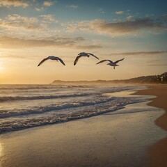 Naklejka premium A pair of seagulls flying above a golden beach at dusk.