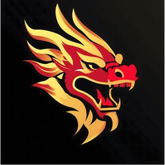 Naklejka premium Fiery Dragon Head: A stylized, powerful dragon head in vibrant red and gold, against a black background. The dragon's fierce expression and fiery mane create a sense of strength and mystique.