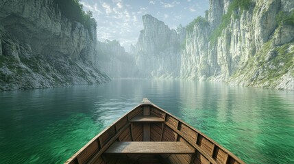 Serene boat journey through a misty canyon lake.