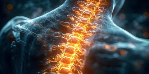 A glowing X-ray illustration of a spinal injury, focusing on a herniated disc. Perfect for medical education, spine health campaigns, or physiotherapy ads.