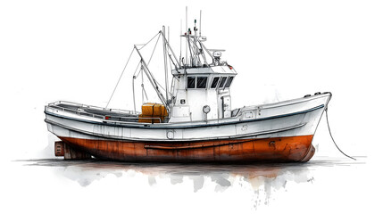 Naklejka premium Detailed Illustration of a Fishing Trawler Vessel Docked at a Wharf, White and Rust Colored Hull, Detailed Ropes and Fishing Gear