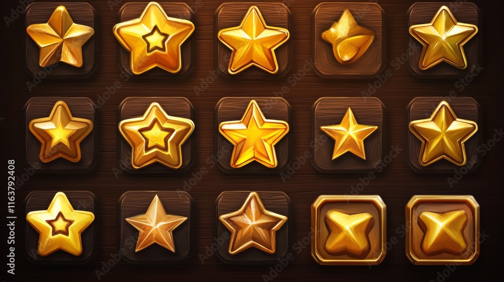 Poster set of game ui stars, rate or gui design elements yellow golden glossy assets for app user interface
