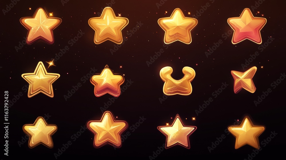 Poster set of game ui stars, rate or gui design elements yellow golden glossy assets for app user interface