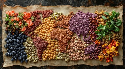 World map made of various colorful beans, lentils, and seeds on parchment paper.