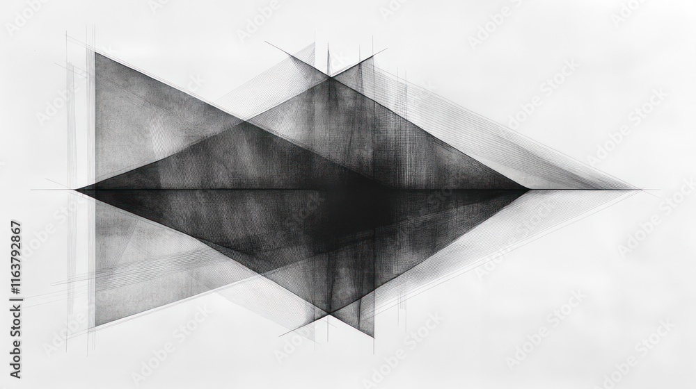 Poster abstract grayscale charcoal drawing of overlapping triangles creating depth and perspective.