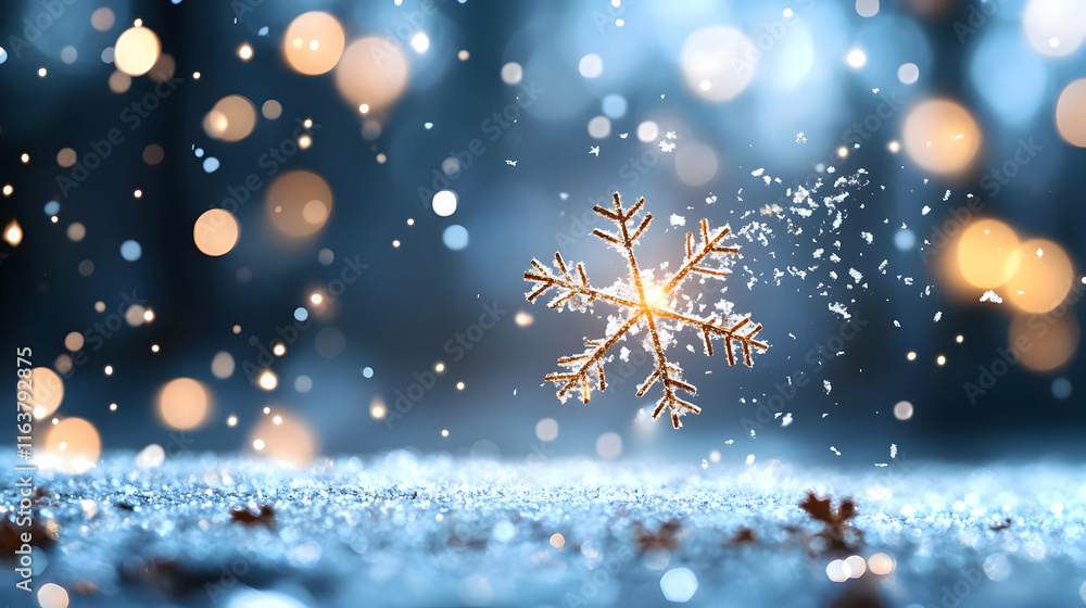 Aufkleber sparkling snowflake falling on snowy ground with bokeh lights.