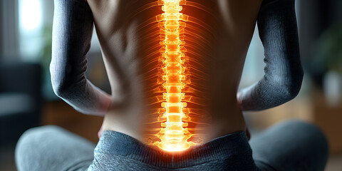 A glowing X-ray illustration of a spinal injury, focusing on a herniated disc. Perfect for medical education, spine health campaigns, or physiotherapy ads.