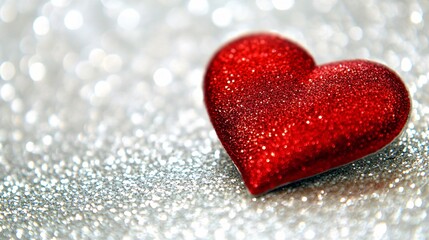 Obraz premium Sparkling Red Glitter Heart on Silver Background Romantic Valentine's Day Love Concept