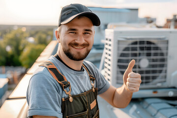 happy smiling male worker technician wearing overall installing air conditioner and looking cheerful, Generative ai