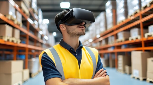 Warehouse worker in safety vest using virtual reality headset for logistics and inventory management training.