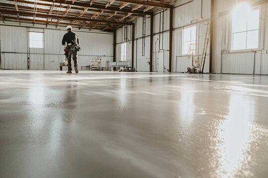 professional contractor pouring self-leveling concrete, smooth gray surface spreading, industrial space