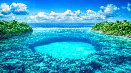 Fototapeta premium Submerged atoll embracing a coral lagoon in turquoise water
