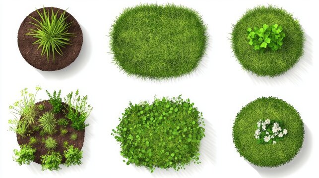 Land pieces with green grass realistic vector illustration. Trimmed round and square park or garden plots with soil and plants, perspective view isolated on white background