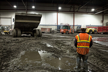 experienced contractor monitoring concrete flow, renovation setting