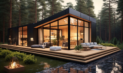 Obraz premium Glass cabin in the forest in daylight. Ecological and organic life in nature. generative Ai