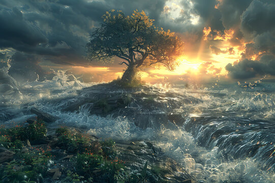 Lonely tree resisting storm on island at sunset with rushing water