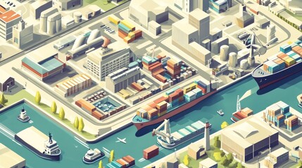 Obraz premium Isometric view of a busy harbor with cargo ships, containers, and industrial buildings.