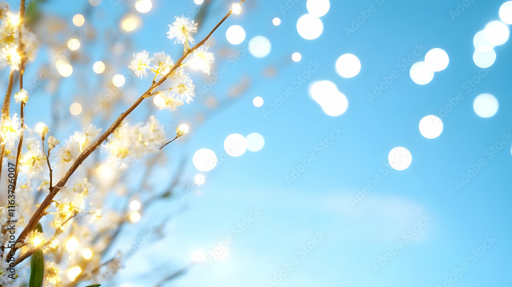 Poster spring blossom background with blurred bokeh lights.