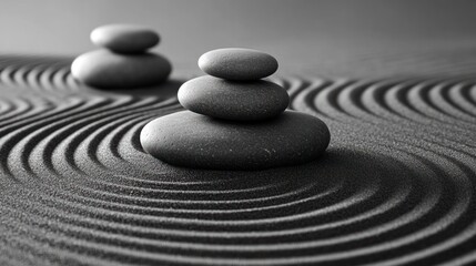 Zen garden with stacked stones and raked sand.