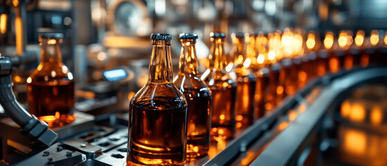 Crafting fine spirits on the production line with dark liquor bottles in motion
