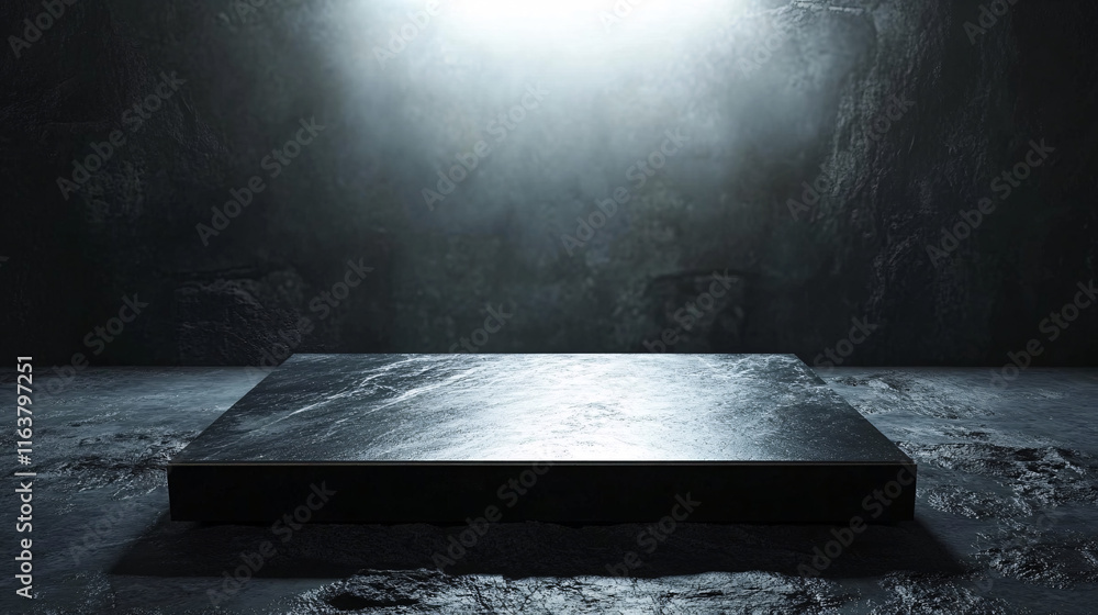 Poster A mirror-black rectangular platform on a dark background, featuring a sleek and modern design that emphasizes depth and reflection in a minimalist aesthetic.