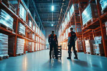 professional warehouse staff utilizing exoskeleton technology, storage facility background