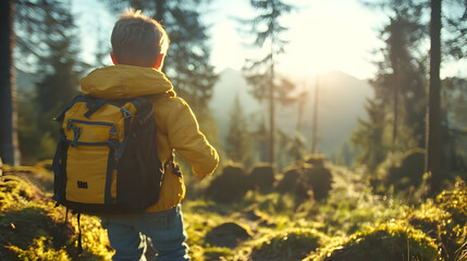 Boy with backpack hiking in sunny forest.