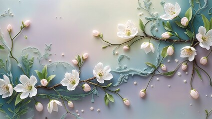 A Whimsical Art Piece Featuring a Delicate Floral Design, Soft Pastel Colors, and Playful Elements, Creating a Dreamy and Romantic Atmosphere