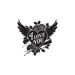 Black heart with wings silhouette. Heart icon collection, isolated flying valentines day decoration. Romantic vector symbol
