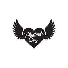 Black heart with wings silhouette. Heart icon collection, isolated flying valentines day decoration. Romantic vector symbol