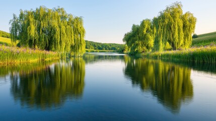 Serene Landscape of Weeping Willows by Calm Lake Under Blue Sky