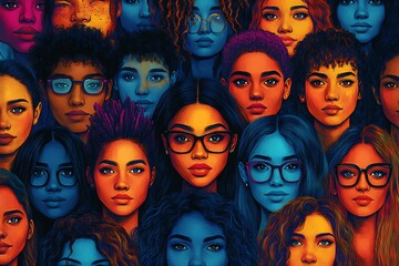 Obraz premium Multiple world faces colourful pattern, Colorful crowd silhouettes, diverse hairstyles, profile portraits, vibrant colors