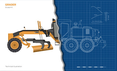 Isolated outline grader drawing. Industrial banner. 3D and line transport art. Side view of construction vehicle. Contour cargo machine blueprint.