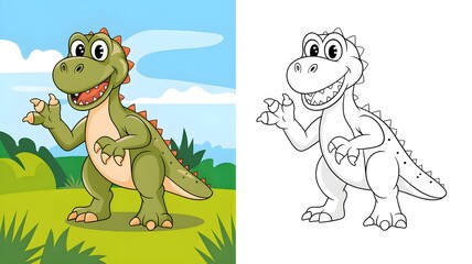 Obraz premium Cute Dinosaur Coloring Page for Kids - Cartoon Illustration