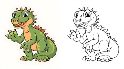 Obraz premium Cute Dinosaur Coloring Page for Kids - Cartoon Illustration