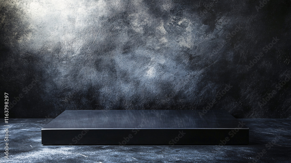 Aufkleber A mirror-black rectangular platform on a dark background, featuring a sleek and modern design that emphasizes depth and reflection in a minimalist aesthetic.